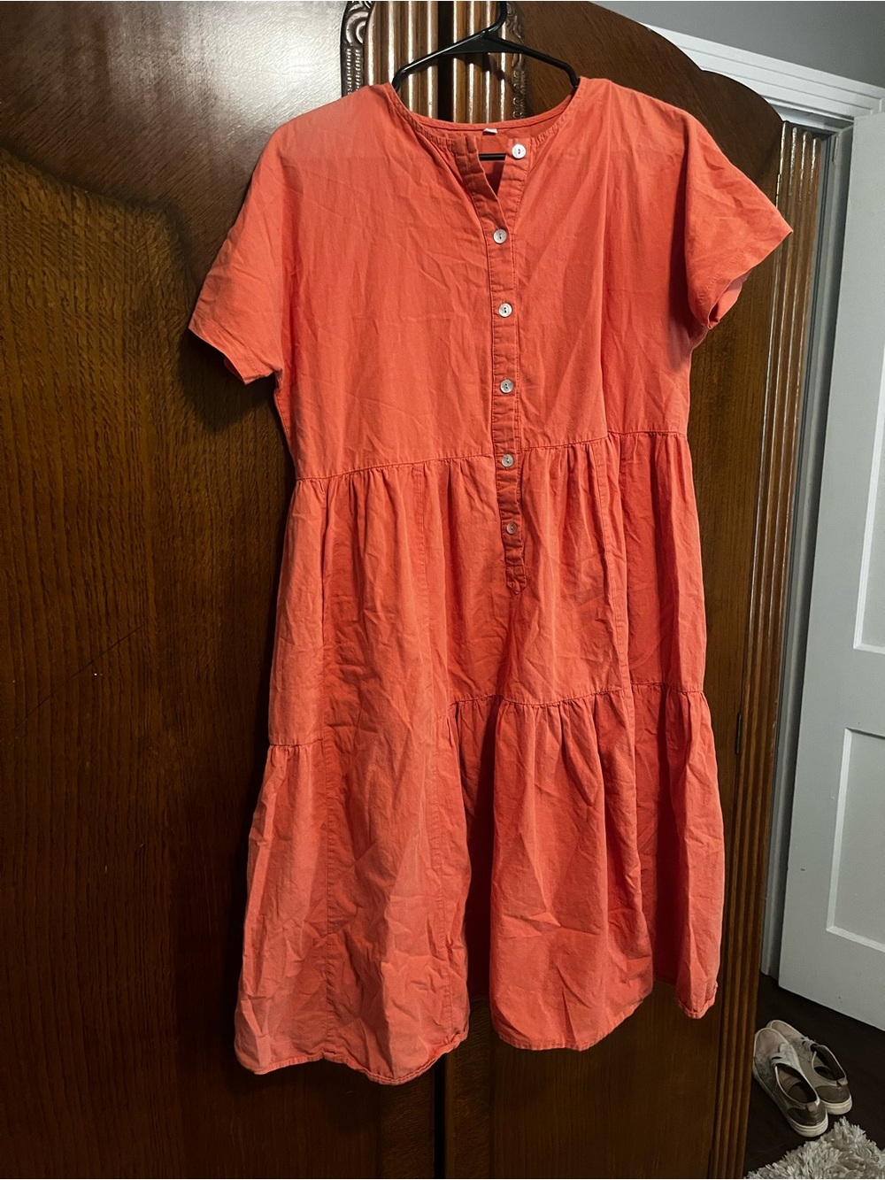 Coral Button-Front Tiered Dress